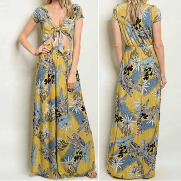 MUSTARD WITH LEAVES PRINT DRESS - Picture 2 of 9